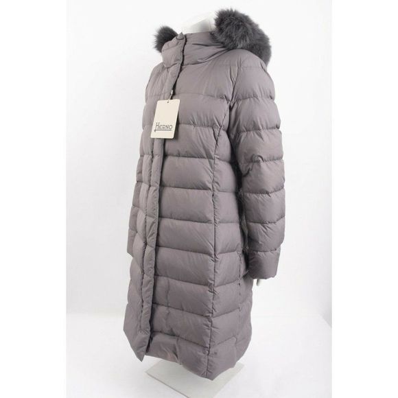 Herno Womens Down Coat Jacket Sz 48 US 12 Carrie Over Gray Faux Fur Trim Hooded - Picture 2 of 8